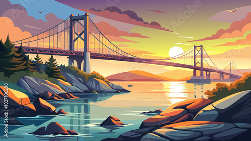 Very beautiful coastal sunrise scene featuring the Newport Bridge spanning calm waters, with rugged rocky shoreline in the foreground, soft morning light illuminating the structure, and a tranquil New