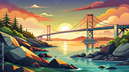 Very beautiful coastal sunrise scene featuring the Newport Bridge spanning calm waters, with rugged rocky shoreline in the foreground, soft morning light illuminating the structure, and a tranquil New
