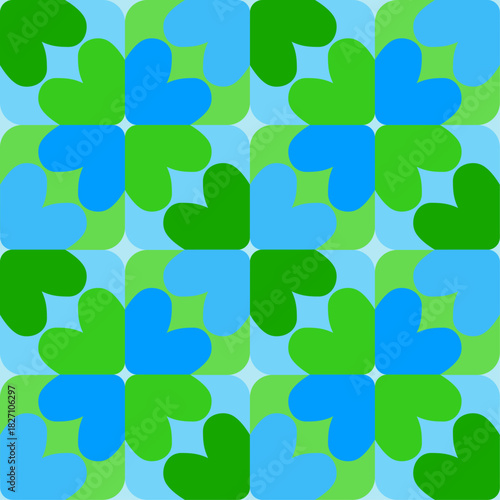 Abstract symmetrical seamless pattern featuring colored hearts and shapes. Vibrant, colorful background, making it ideal for textiles, wrapping paper, banners, love-themed graphics, and romantic decor