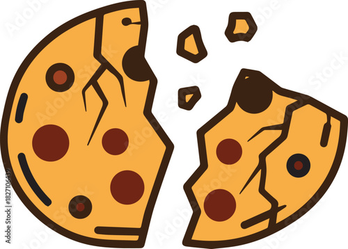 A broken chocolate chip cookie with a dark outline and brown chips on a white background dessert sweet