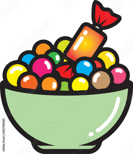 A light green bowl filled with colorful round candies and one orange wrapped candy on top sweets