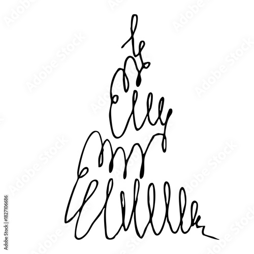 Modern calligraphy christmas tree design for festive decor and greeting cards. Black and white graphics. New Year illustartion. For postcard, banner, textile, packaging. Chaotic Christmas tree