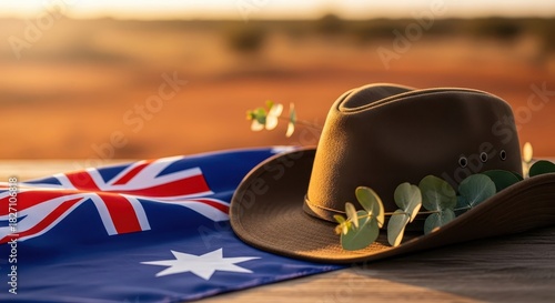 Australian flag with a traditional cowboy hat and eucalyptus leaves on a wooden table at sunset for national heritage concept and outback spirit