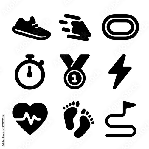 Dynamic sports icons featuring shoes, stopwatch, track, heartbeat, and medal