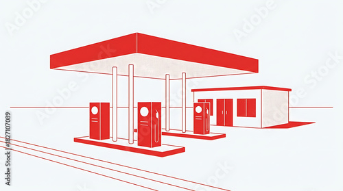Stylized red and white illustration of a roadside gas station.