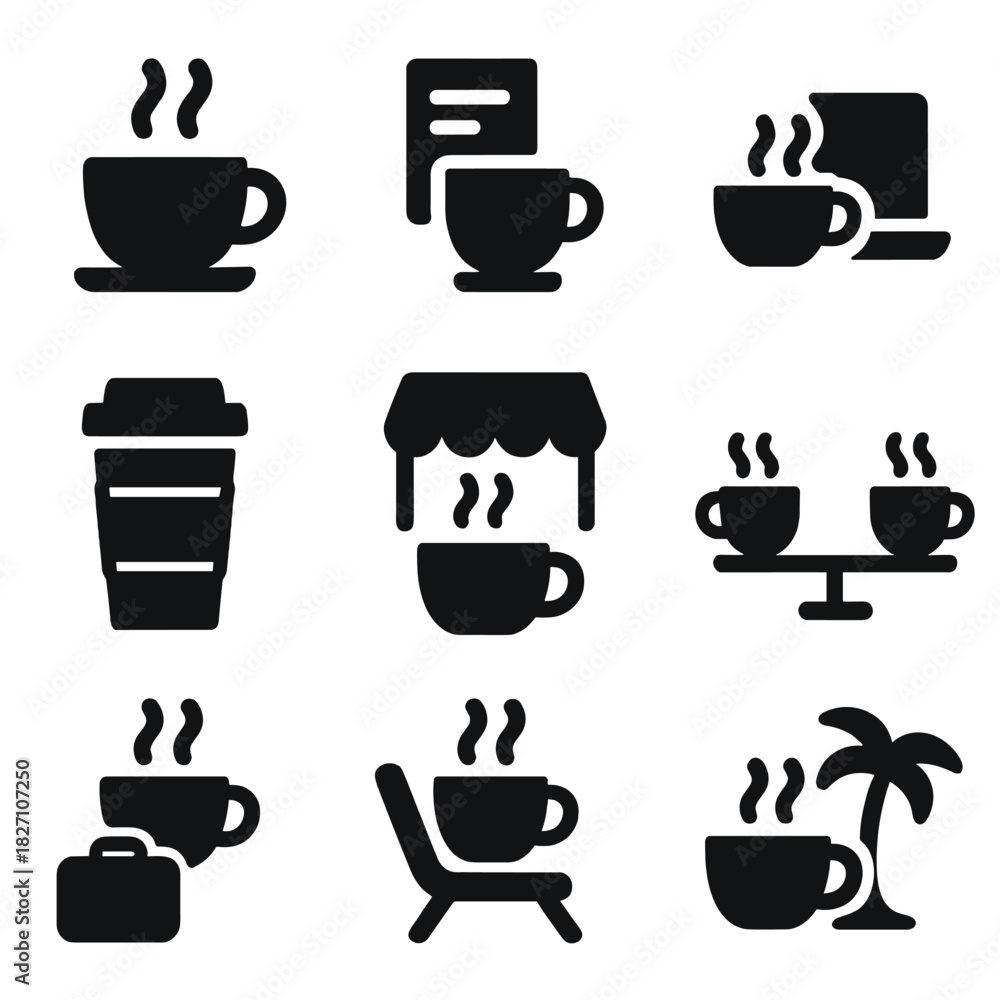 Fototapeta premium Coffee icons collection featuring cups, laptops, books, and relaxation themes