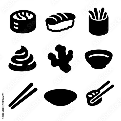 Nine japanese food icons featuring sushi, bowl, chopsticks, and wasabi silhouettes