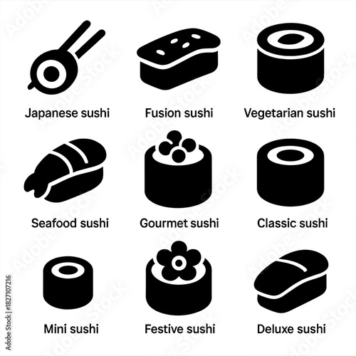 Variety of sushi icons: japanese, fusion, vegetarian, seafood, gourmet styles