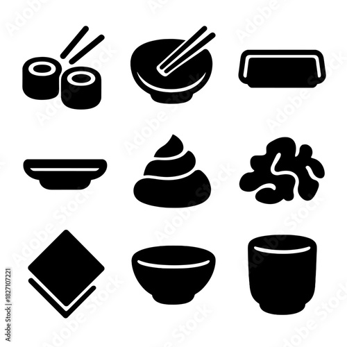 Minimalist icons of japanese cuisine items on gradient background