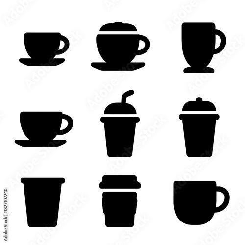 Silhouette collection of various coffee cups and mugs on gradient background