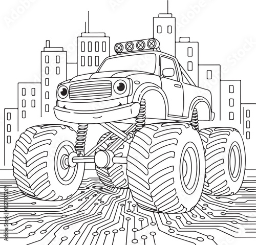 Friendly monster truck with giant tires on a futuristic circuit board road, against a city outline, perfect line art for kids coloring book
