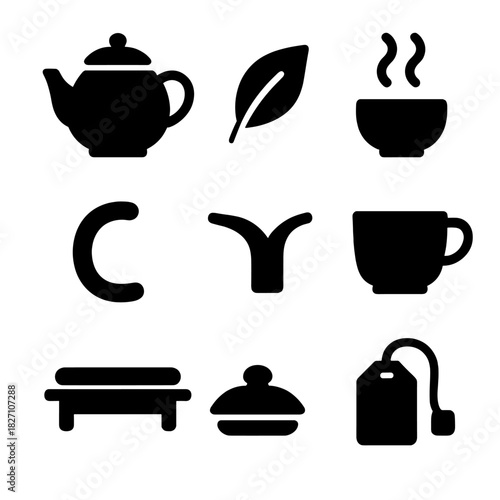 Tea elements: teapot, leaf, cup, mug, steaming drink, bench, lid, tag