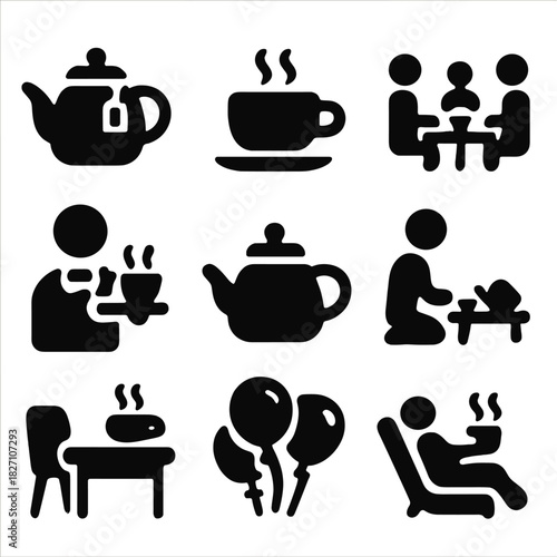 Hot beverage icons: tea, coffee, group, and solo activities in black and white