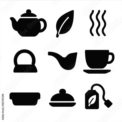 Tea and coffee icons: teapot, cup, leaf, steam, and more