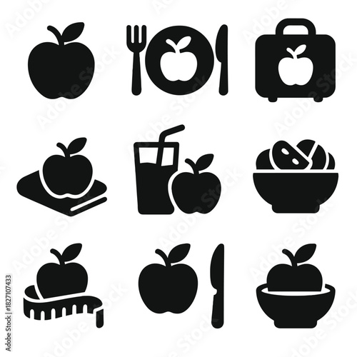 Apple themed icons in various shapes for healthy lifestyle and nutrition concepts