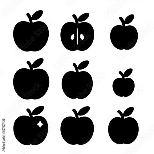 Diverse silhouette apples set on gradient background - nine editable black silhouettes
