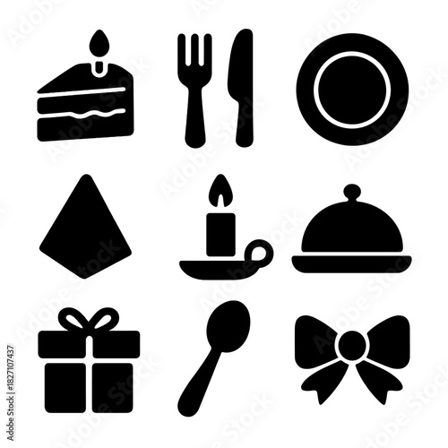 Elegant dining icons: cake, candle, cutlery, and more