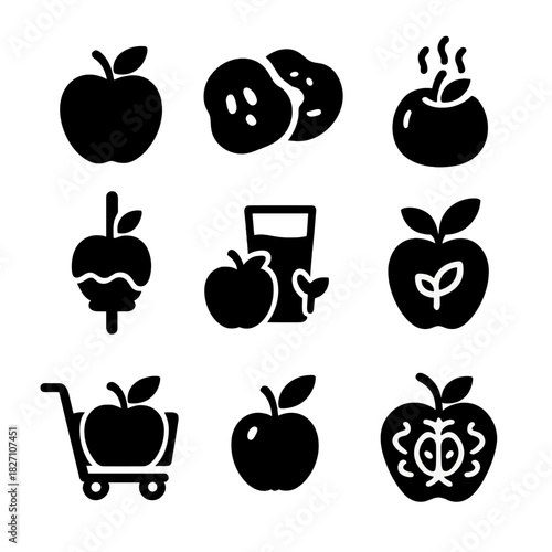 Black apple icons collection: fresh, shopping, juicing, eating, cooking symbols