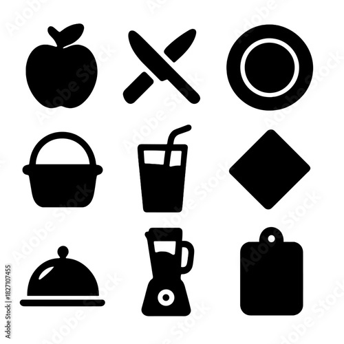 Kitchen icon set featuring utensils, food, and equipment in minimalist design