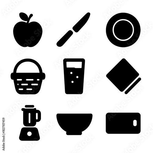 Kitchen icons: apple, knife, plate, basket, glass, napkin, blender, bowl, board