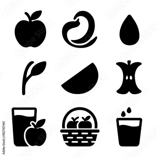 Black apple icons collection: fruit, juice, basket, core, leaf