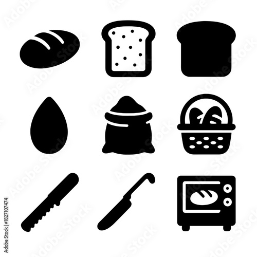 Bread and baking icons set featuring loaf, knife, oven, basket, and flour bag