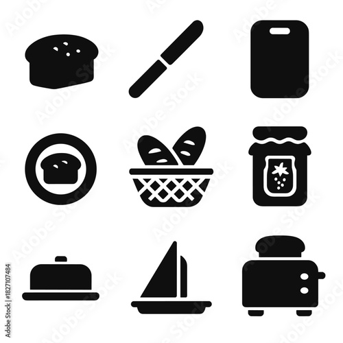 Kitchen icons set: bread, knife, cutting board, toaster, and more