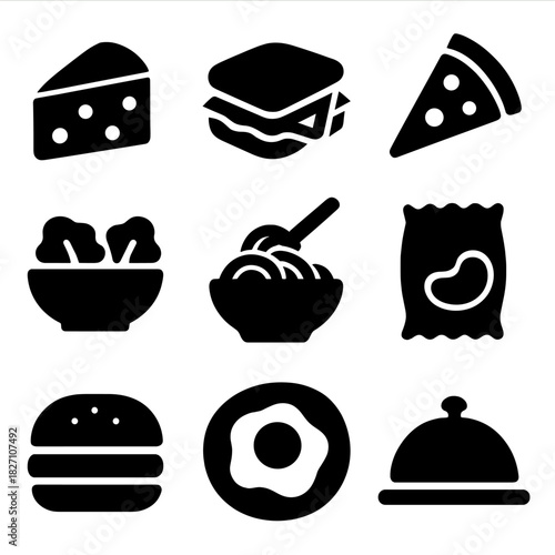 Variety of food icons including pizza, cheese, burger, and ice cream