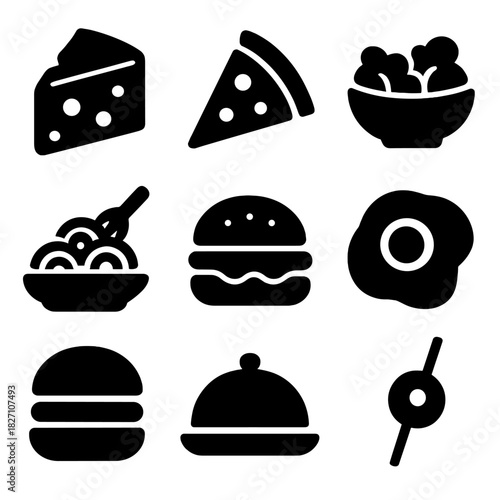 Black silhouettes of various food icons on gradient background