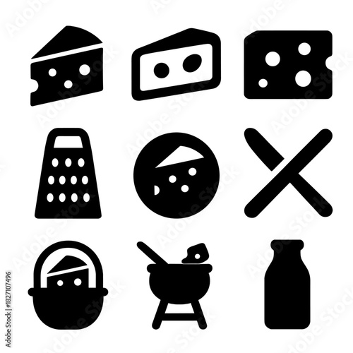 Cheese icons set: slices, grater, basket, milk, fondue for culinary design