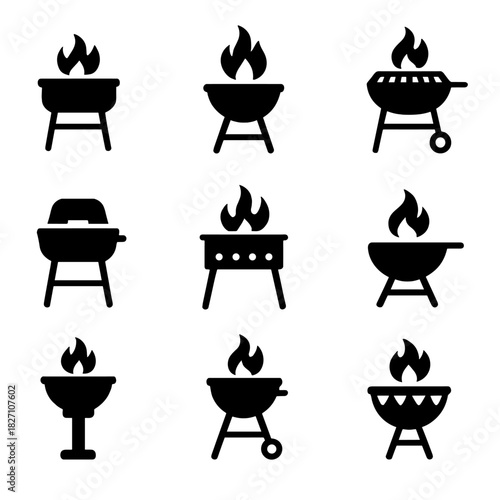 Silhouette icons of grilling bbq grills and flames on dark background