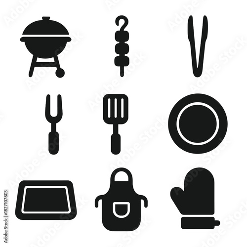 Barbecue icons set: grill, skewers, utensils, and outdoor cooking tools
