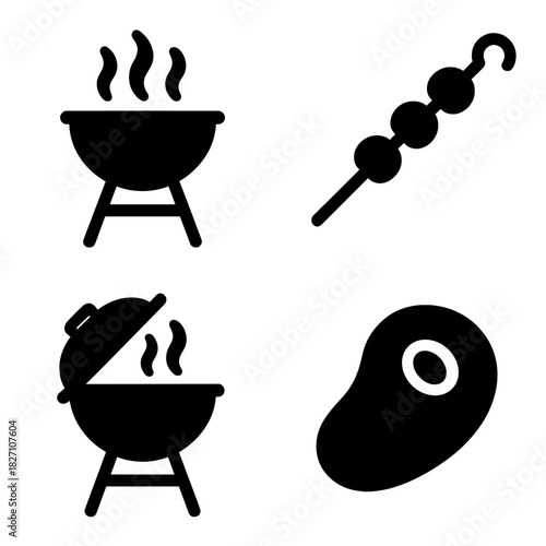 Bbq icons set featuring grill, skewer, and steak on black background