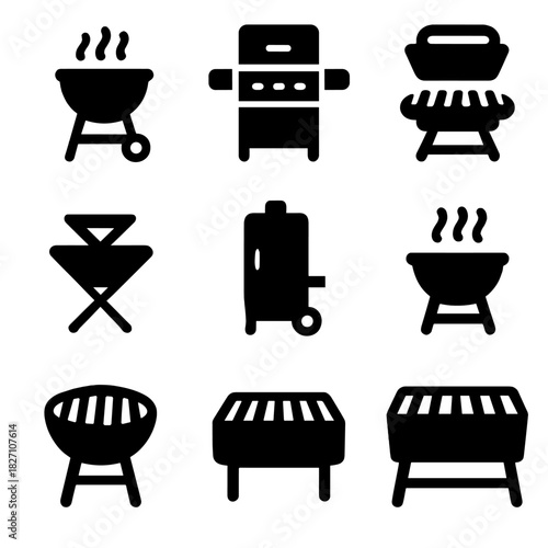 Variety of barbecue grill icons: flat black silhouettes on a grey background