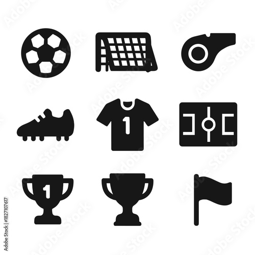 Soccer icons collection featuring ball, goal, whistle, and trophy symbols