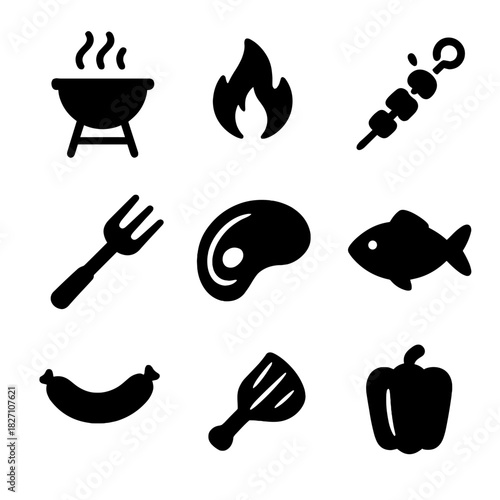 Silhouette icons of bbq elements: grill, fire, skewer, steak, fish, fork, pepper
