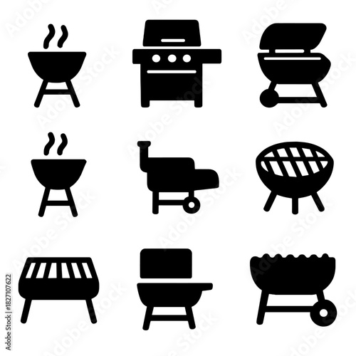 Barbecue grill icons set: diverse styles and designs for outdoor cooking