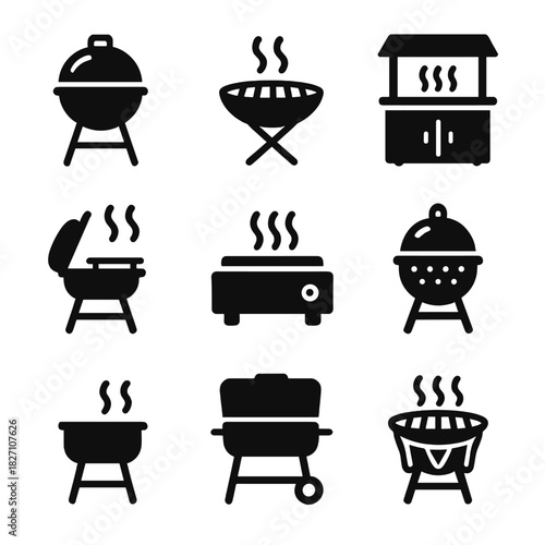 Nine different grill silhouettes on gray background for bbq themes