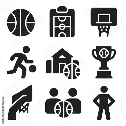 Basketball icons set: sport equipment, court, game, trophy, and player symbols