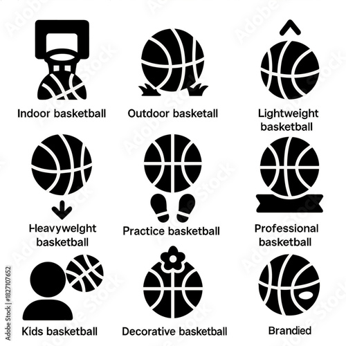 Variety of basketball icons: indoor, outdoor, lightweight, and more