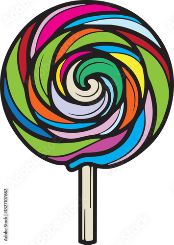 Swirling multicolored lollipop with black outline and light brown stick on white background candy sweet