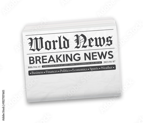 Realistic vector illustration of black and white newspaper layout. Isolated on white background