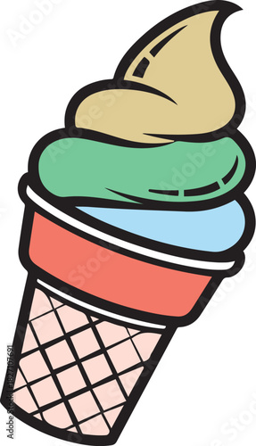 Three scoop ice cream cone with pastel colors and waffle cone texture dessert sweet