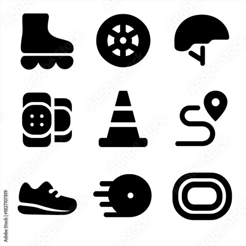 Icon set: skating safety gear and track symbols for outdoor activities