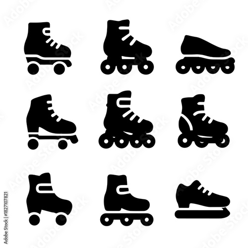 Various silhouettes of inline and roller skates on gradient background