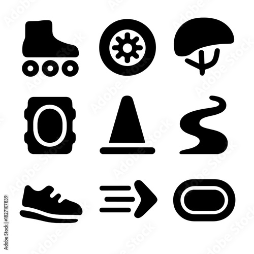 Roller skating icons: helmet, rollerblades, traffic cone, arrow, track