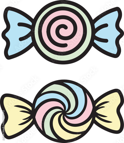 Two pastel colored swirl candies with tied ends on a white background candy sweet