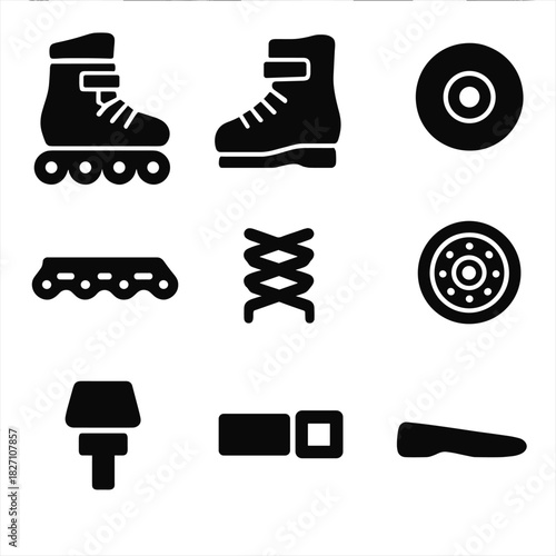 Black silhouette icons of skates, wheels, laces, and accessories