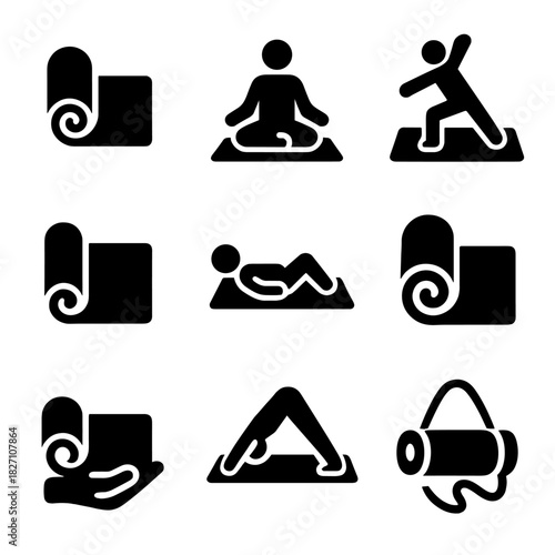 Yoga and exercise icons set featuring mats and poses