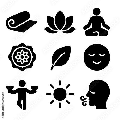 Yoga and meditation icons on black background for wellness and relaxation